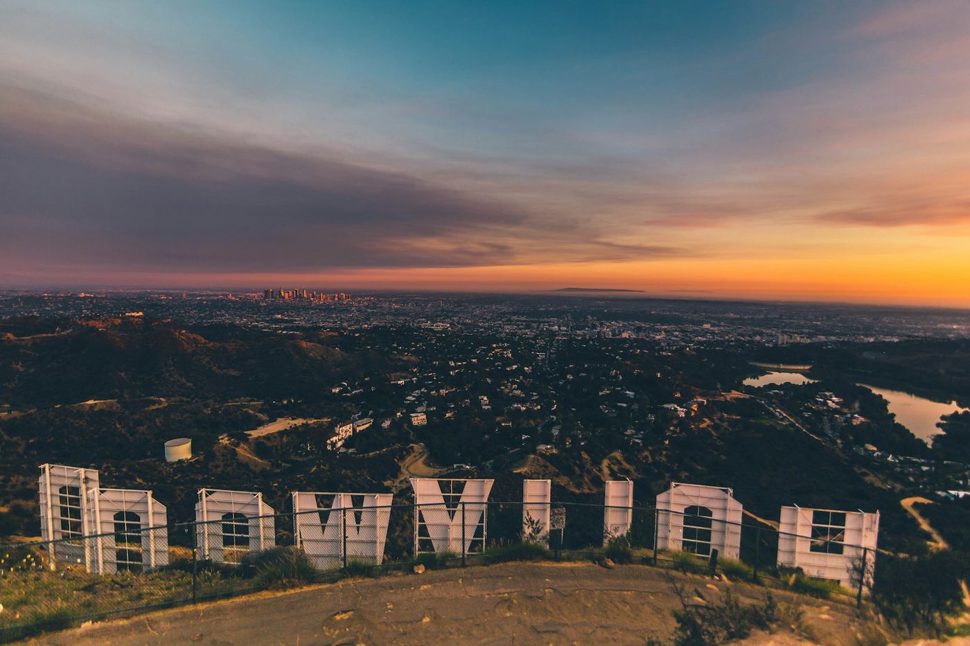 Los Angeles at dusk overlooking the Hollywood Hills