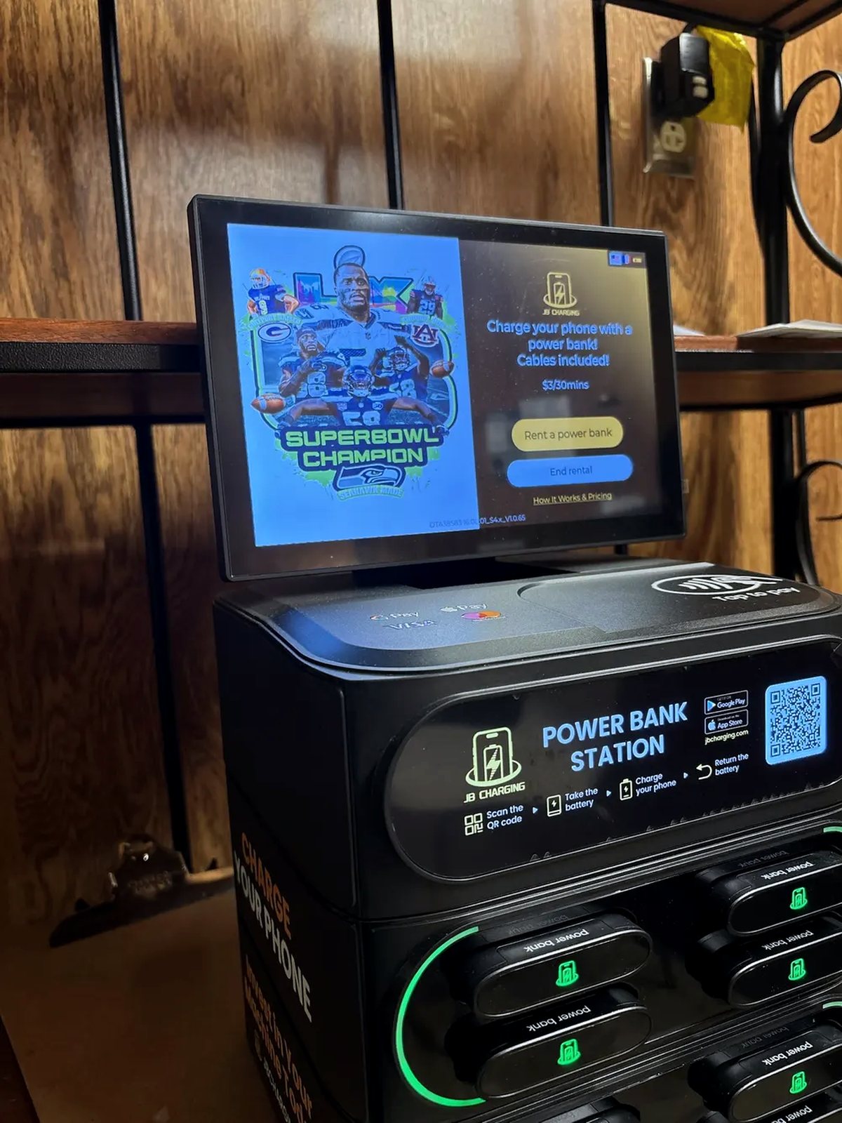 Power-bank slots on the rental station, ready for a return